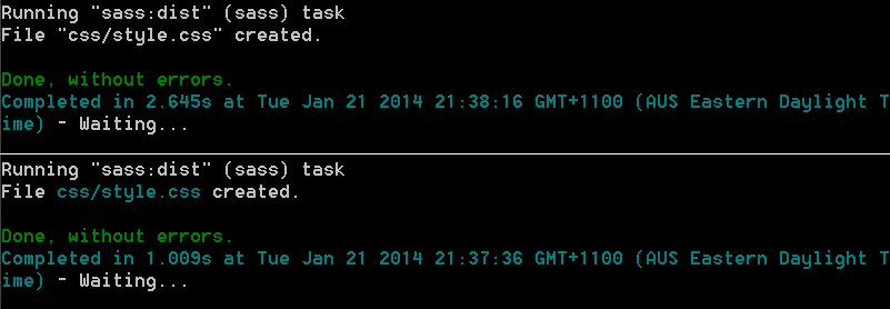 Test results: Ruby Sass - 2.645 seconds. Libsass - 1 second.